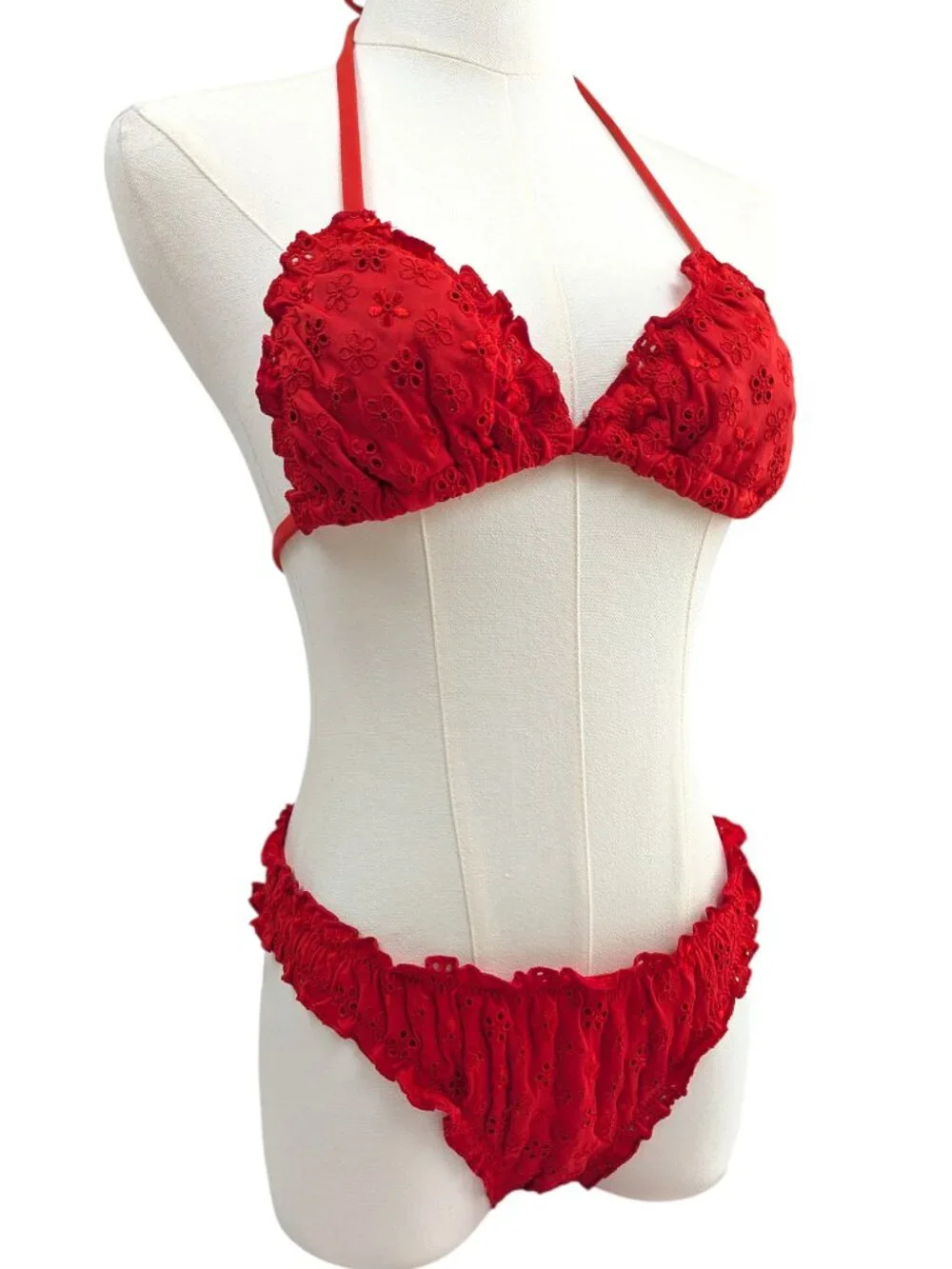 NWT Pink by Frankie's Red Bikini Set Eyelet Ruffle Size S